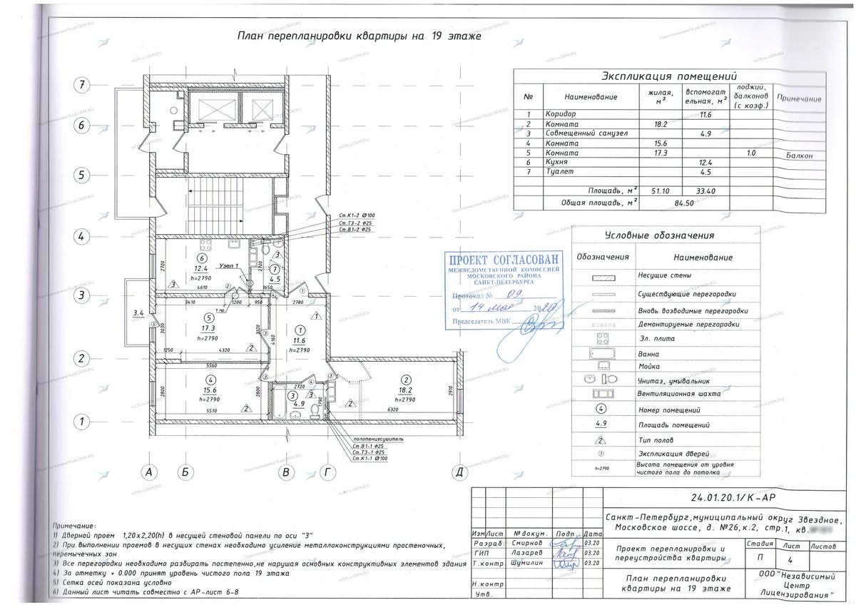 📌 Согласование перепланировки с проёмом в несущей и расширением санузла: Московское шоссе, 26, корп. 2, стр. 1 (Московский район СПб)