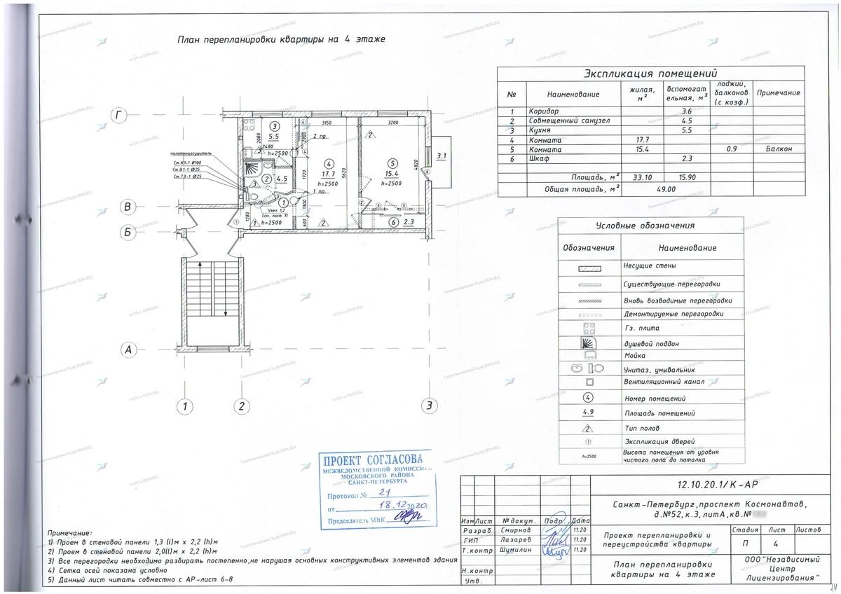 Разработка проекта перепланировки и переустройства: пр. Космонавтов, 102, корп. 1, стр. 1 (Московский район СПб)