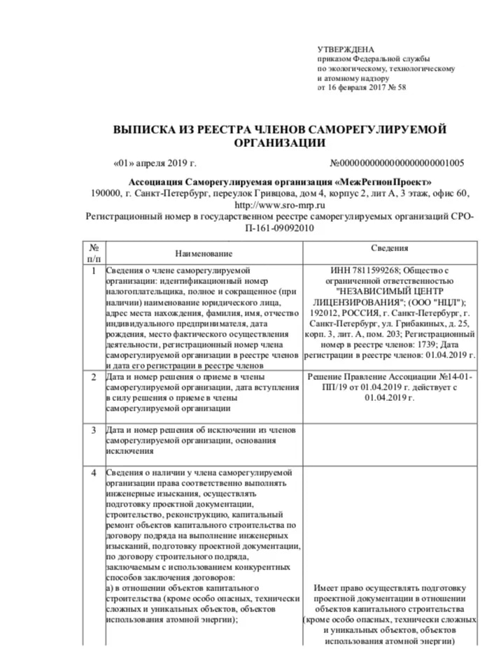 Выписка НЦП из реестра членов саморегулируемой организации, страница 1