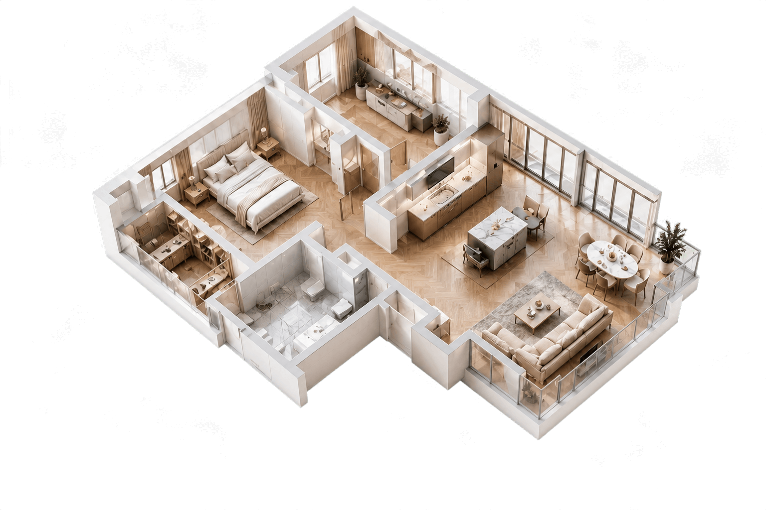 Светлая 3D-планировка квартиры с примерами зон перепланировки