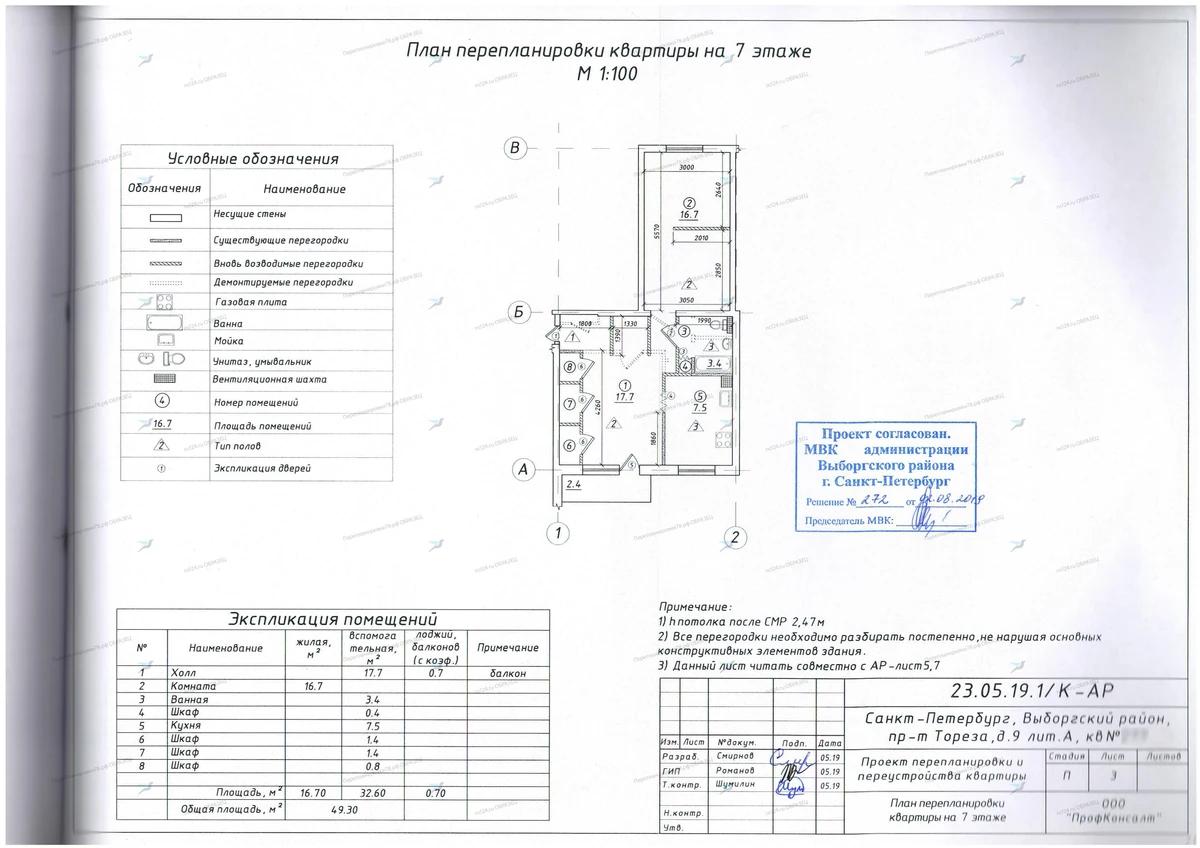 📌 Согласование перепланировки с объединением санузла и демонтажом перегородок: пр. Тореза, 9 (Выборгский район СПб)
