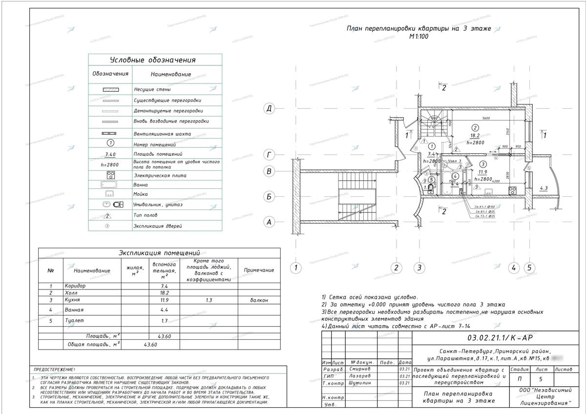 Перепланировка со встроенным шкафом и разделением санузла: Малая Бухарестская, 12, стр. 1 (Фрунзенский район СПб)