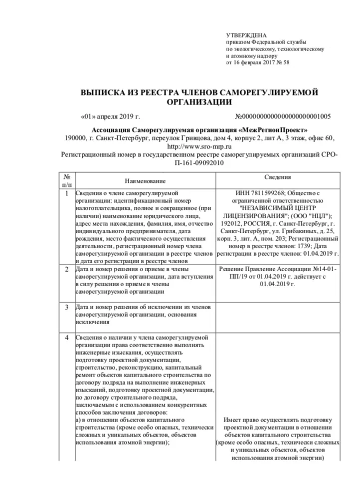 Выписка СРО 1